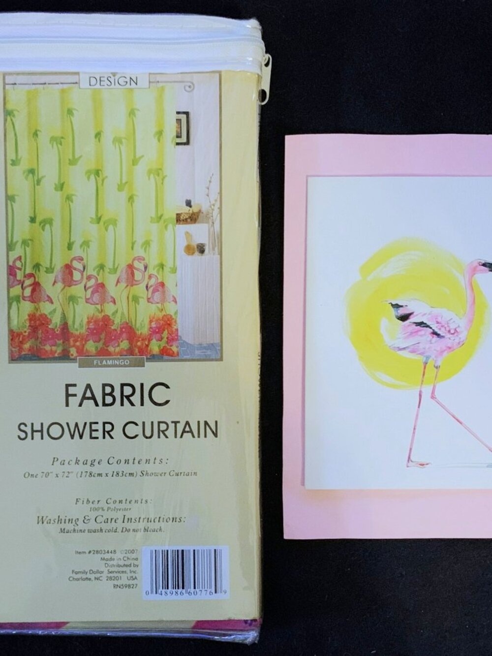 NEW Tropical Flamingo &‎ Hibiscus Fabric Shower Curtain & Flamingo Art Card